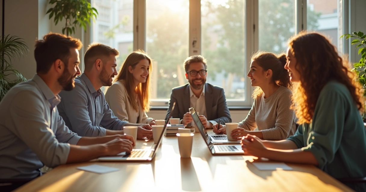 Equipe em um ambiente de trabalho colaborativo discutindo em volta de uma mesa