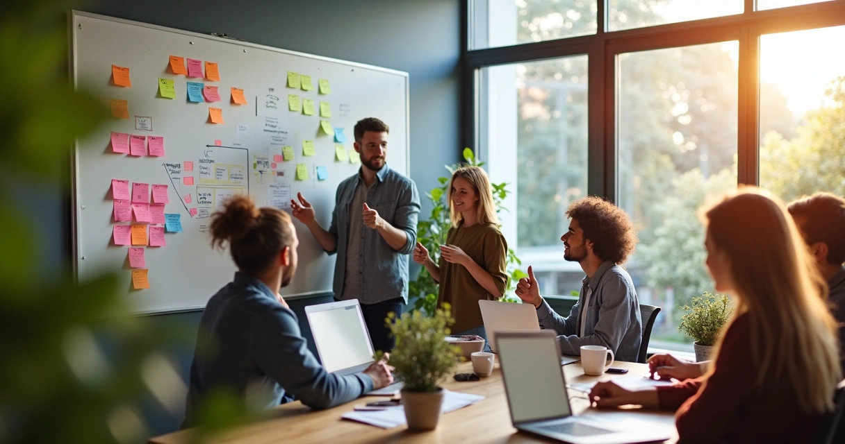 Ambiente de trabalho com pessoas sorrindo e colaborando 