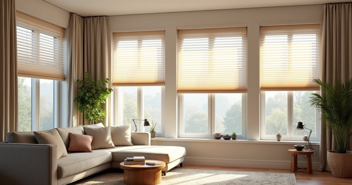 Sala de estar moderna com janelas amplas e persianas horizontais e verticais em diferentes estilos e cores, ambiente iluminado e aconchegante 