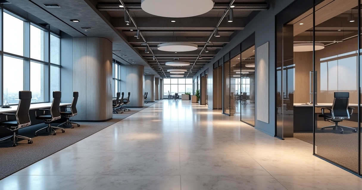 Escritório comercial moderno com piso de epoxy e tratamento acústico 