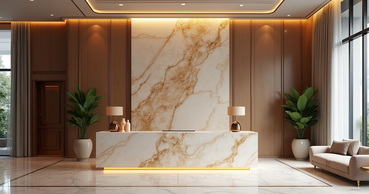 Recepção comercial sofisticada com painel Taj Mahal 