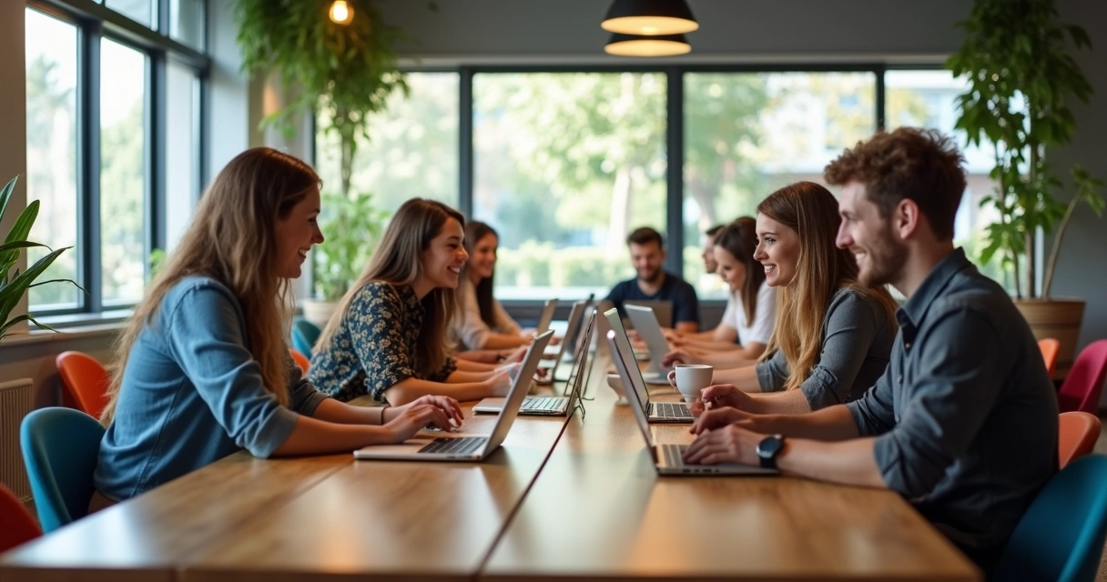 Ambiente compartilhado de coworking com pessoas trabalhando