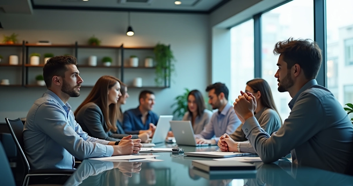 Ambiente corporativo com equipes discutindo e um profissional refletindo atentamente