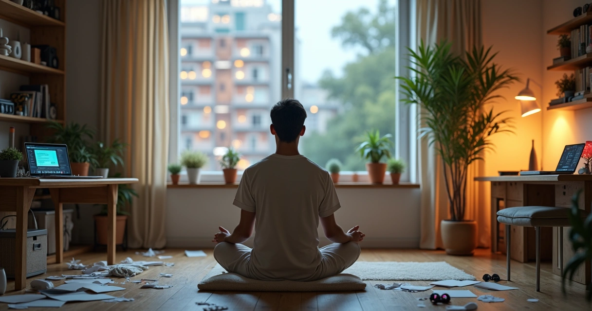 Pessoa meditando em sala dividida entre ambiente caótico e ambiente calmo 
