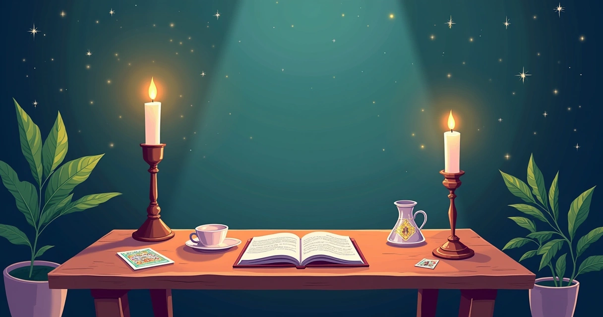 Ambiente aconchegante para consulta de tarot online com mesa, cartas, vela, cristal e planta.