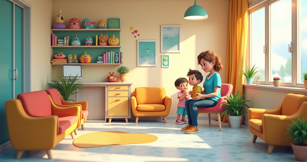 Consultório odontológico infantil com área de espera colorida. 