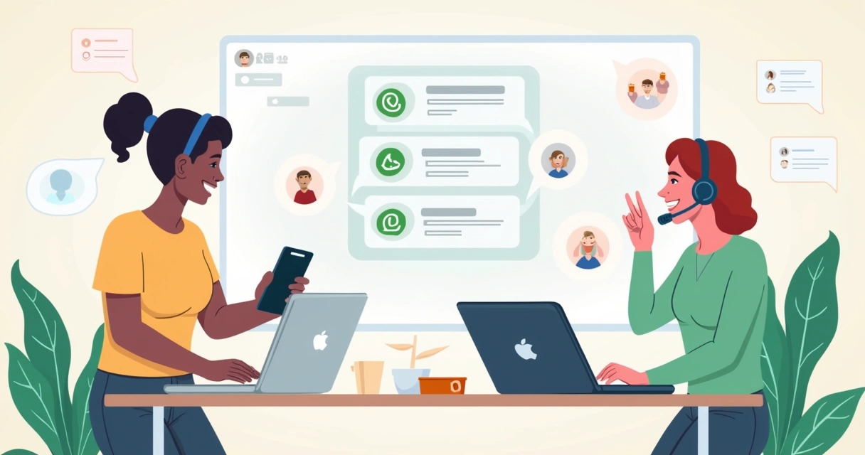 Ambiente de escritório alegre com clientes usando WhatsApp e atendentes respondendo rapidamente.