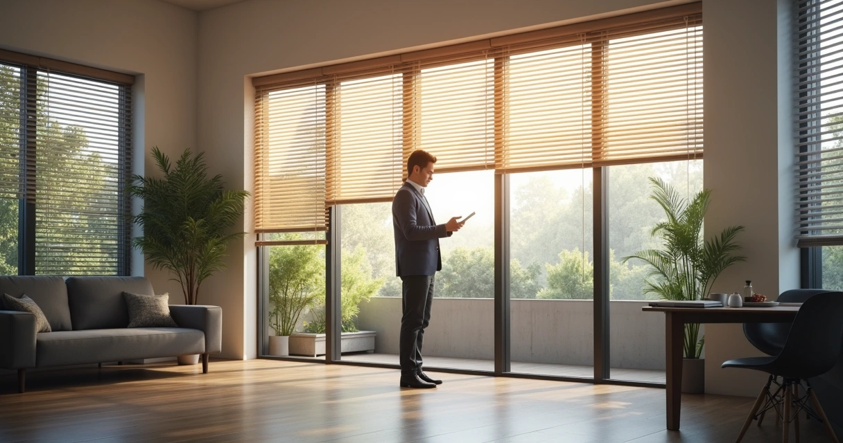 Sala corporativa moderna com persianas digitais integradas à automação