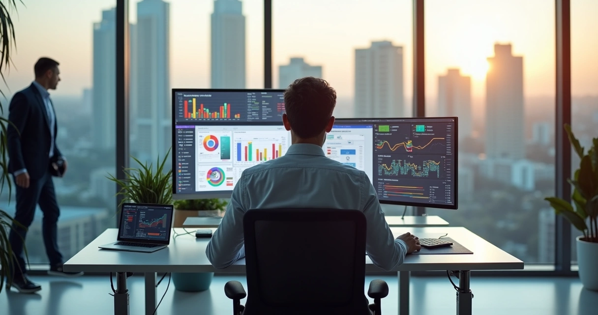 Profissional de BI analisando dados, com monitores exibindo gráficos coloridos, em um escritório moderno e iluminado, São Paulo ao fundo 