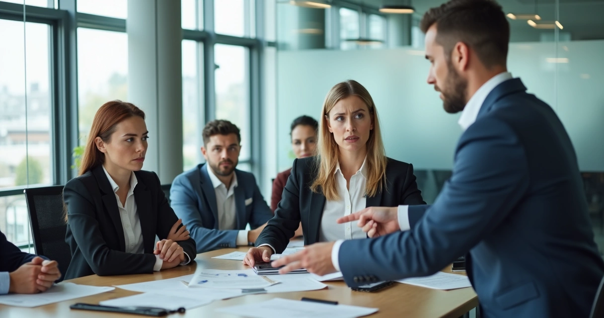 Equipe de escritório com expressões de tensão ao redor de uma mesa de reunião 