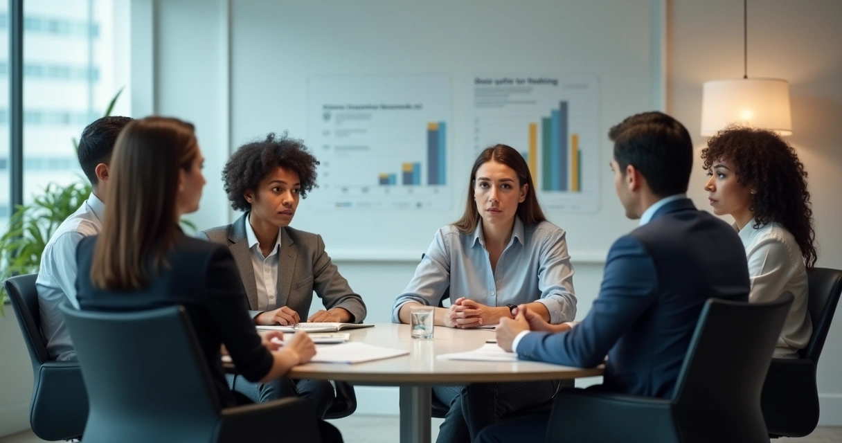 Equipe de trabalho em reunião em um escritório moderno, pessoas discutindo e demonstrando emoções variadas no rosto