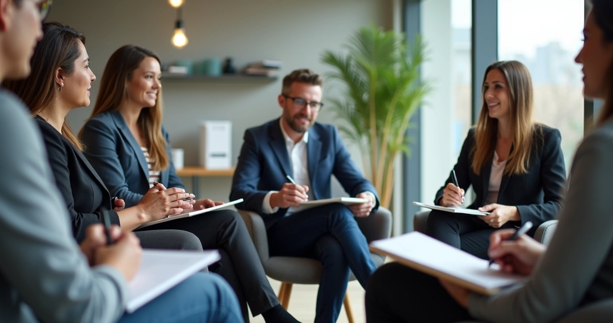 Grupo de profissionais em círculo em sala corporativa, praticando escuta ativa, com anotações em blocos de papel 