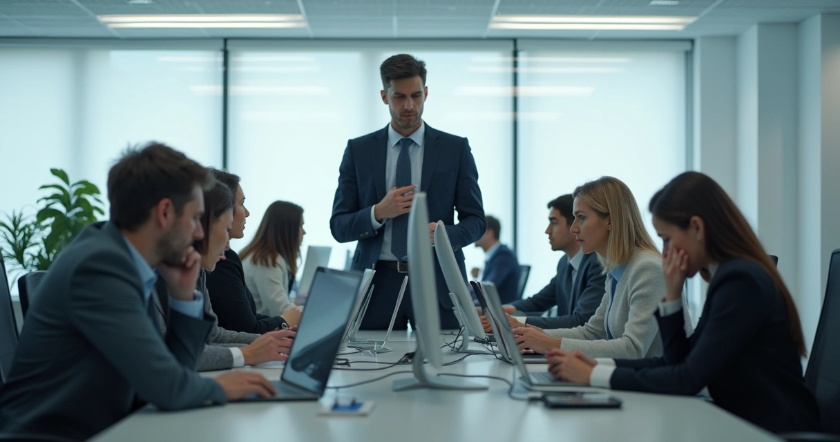 Sala de escritório com clima de tensão entre líderes e colaboradores 