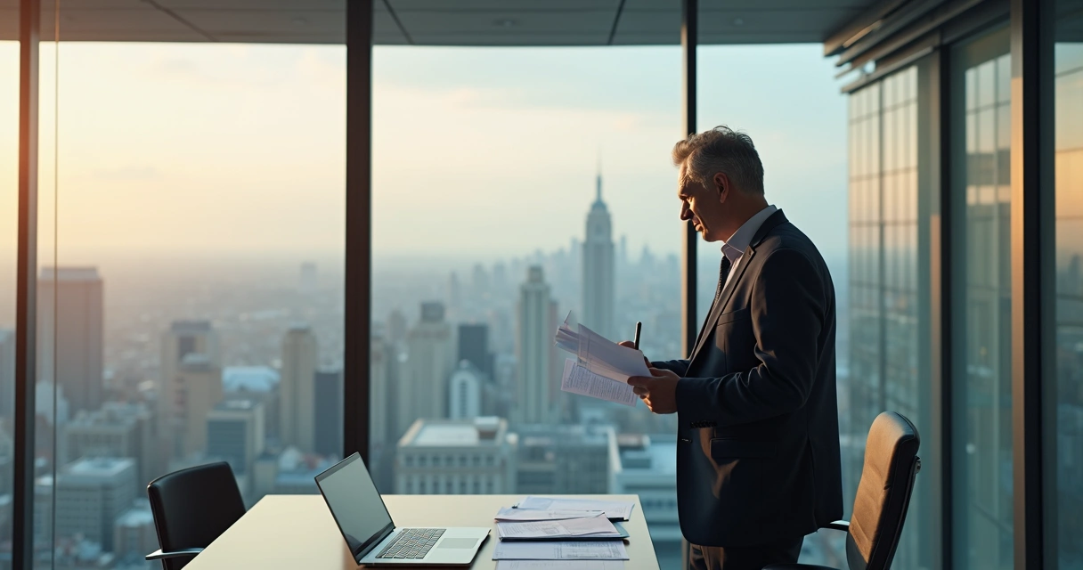 Executivo analisando papéis em escritório moderno 