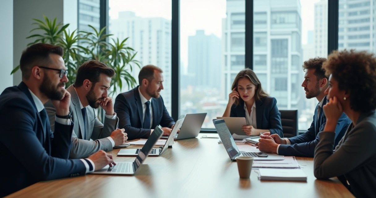 Ambiente corporativo com pessoas apreensivas durante reunião de mudança 