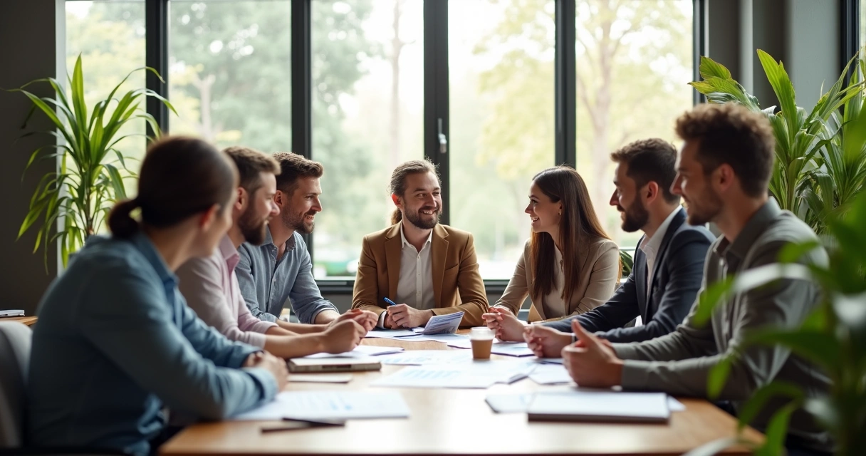 Profissionais sorrindo ao redor de uma mesa de reunião 
