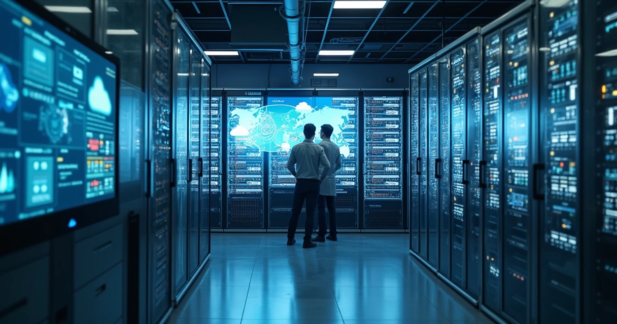 Sala de servidores corporativos com painéis digitais mostrando nuvens e gráficos integrados