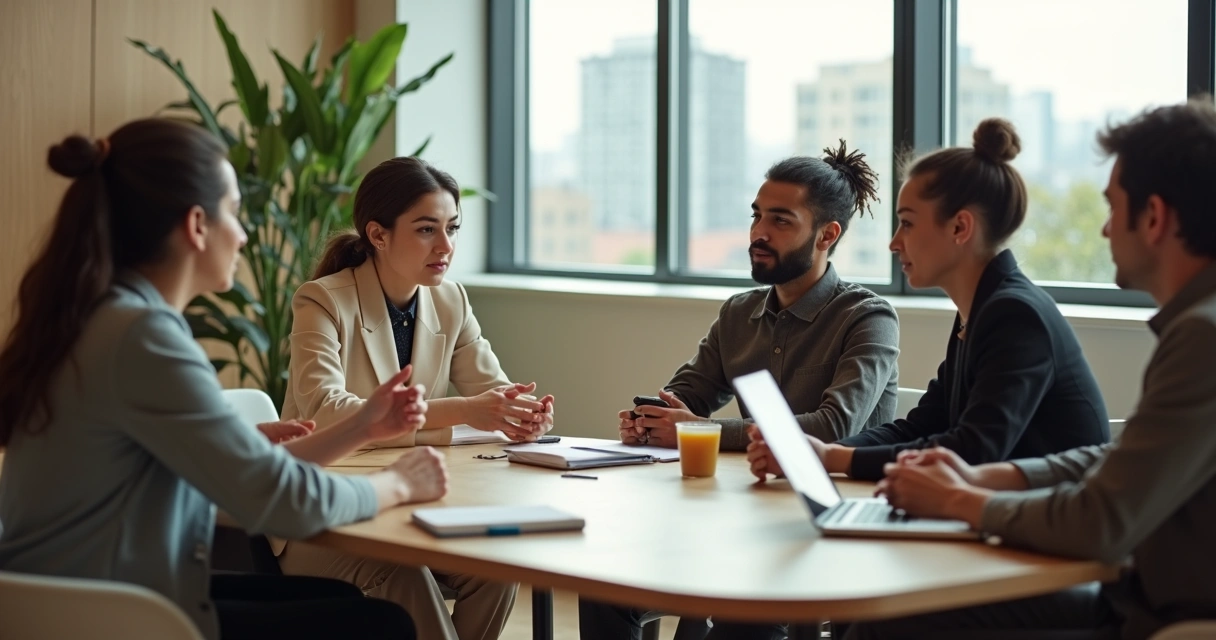 Equipe diversa em reunião em escritório moderno demonstrando segurança emocional 