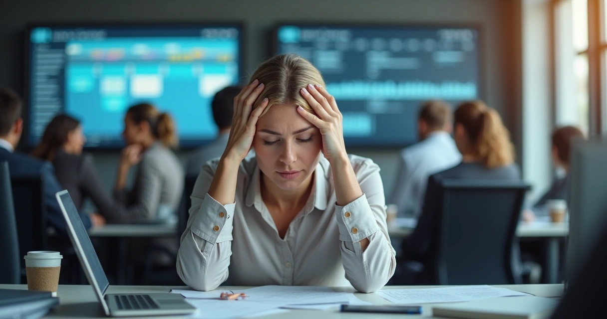 Ambiente de escritório moderno com pessoas trabalhando, algumas demonstrando sinais sutis de cansaço 