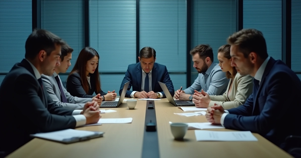 Sala de reunião com profissionais sérios sentados em silêncio