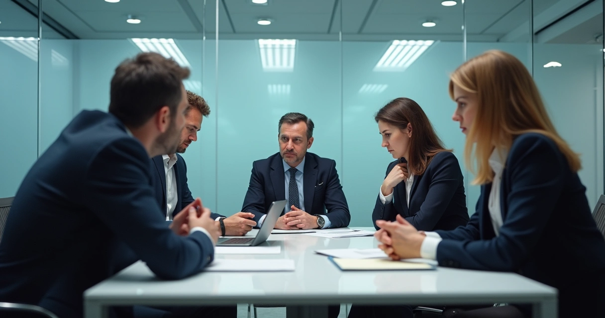 Profissionais sentados em mesa de reunião, com semblantes preocupados, em ambiente corporativo tenso.