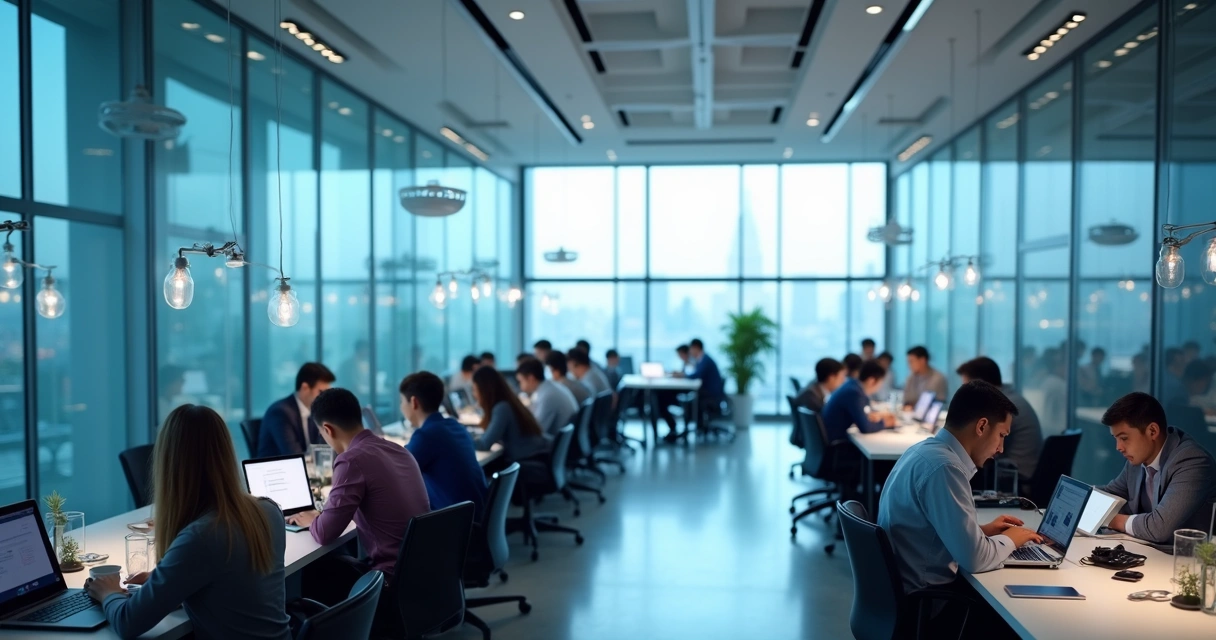 Espaço corporativo moderno com dispositivos conectados ao Wi-Fi, pessoas andando e trabalhando em notebooks. 