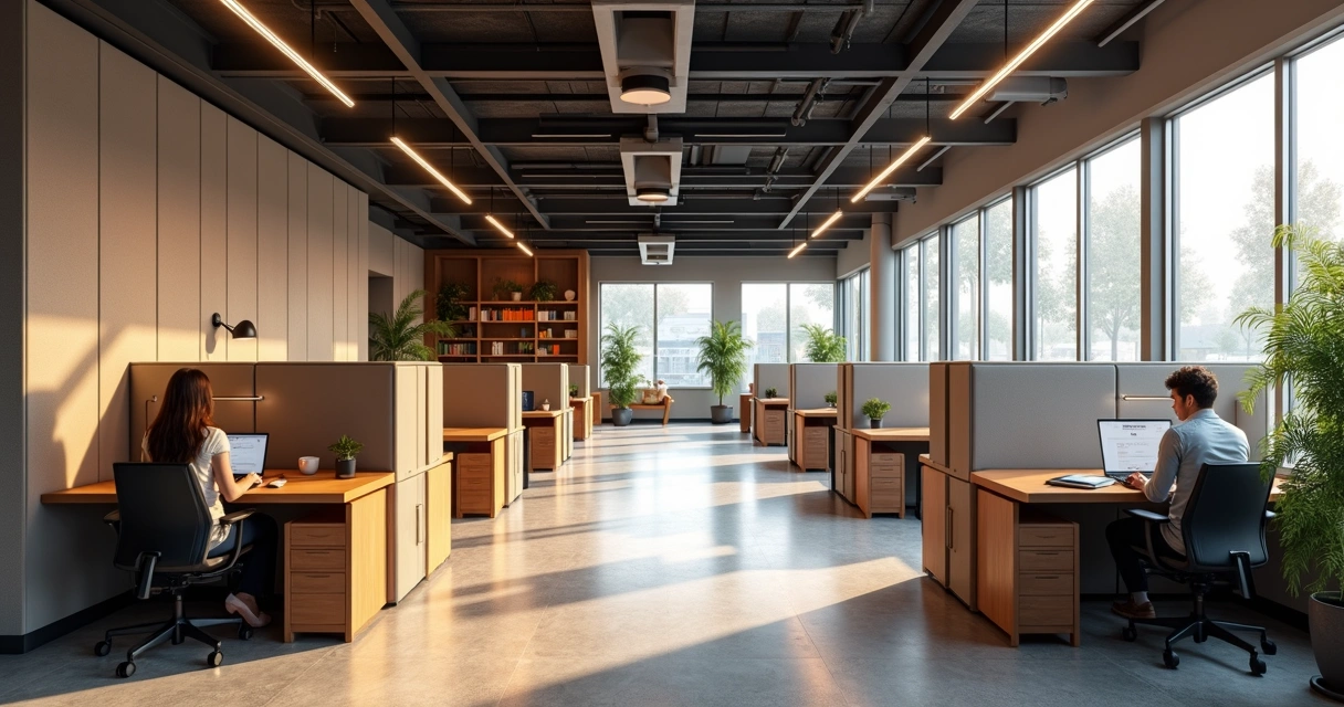 Salas coworking modernas com divisórias acústicas e móveis ergonômicos