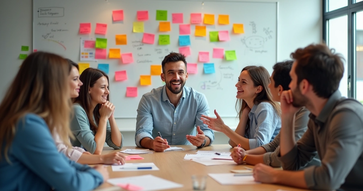 Grupo em reunião brainstorming com post-its coloridos na parede