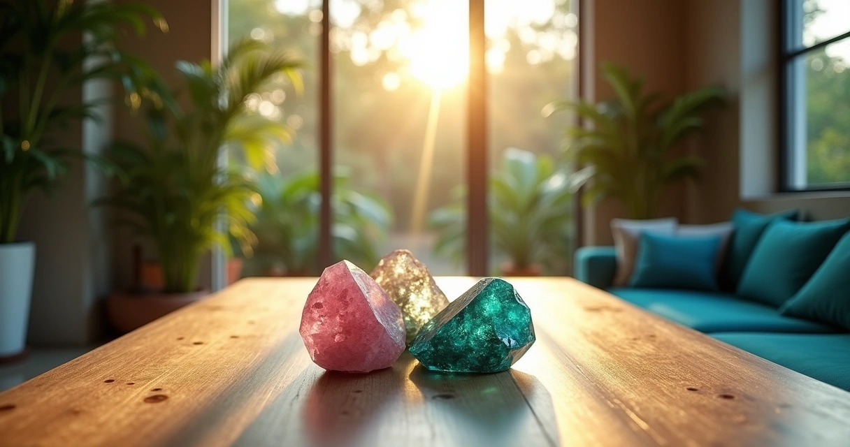Ambiente interno sereno com cristais coloridos em uma mesa de madeira e espaço para meditação.