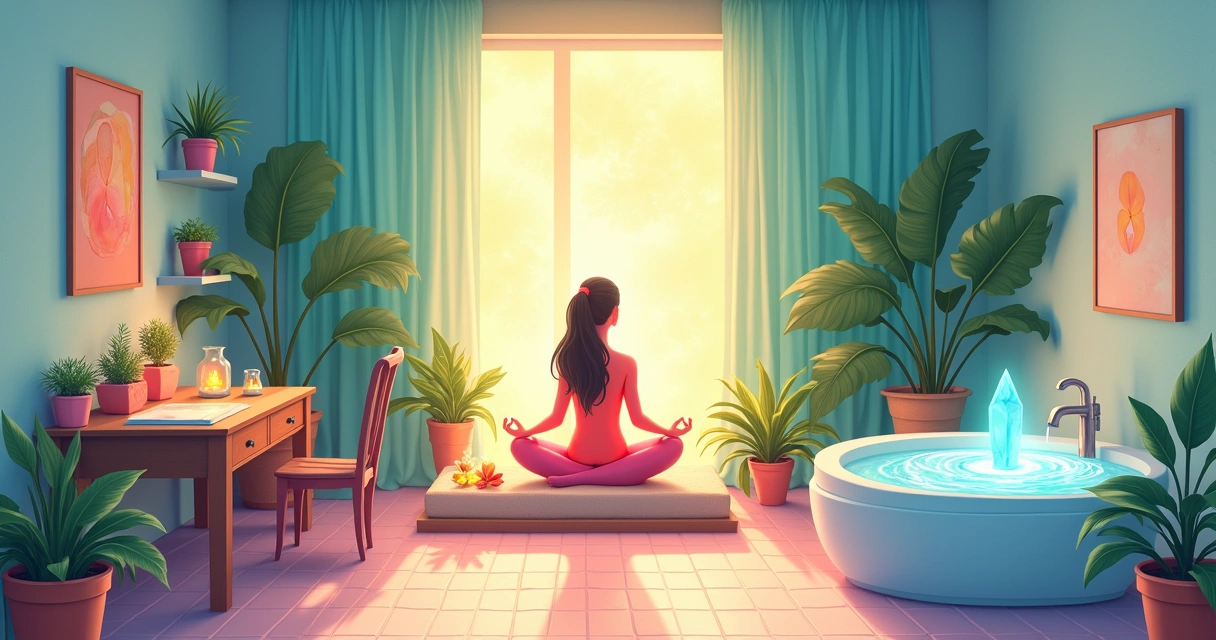 Ambiente doméstico florido com cristais, uma pessoa meditando e um banho relaxante com cristais.