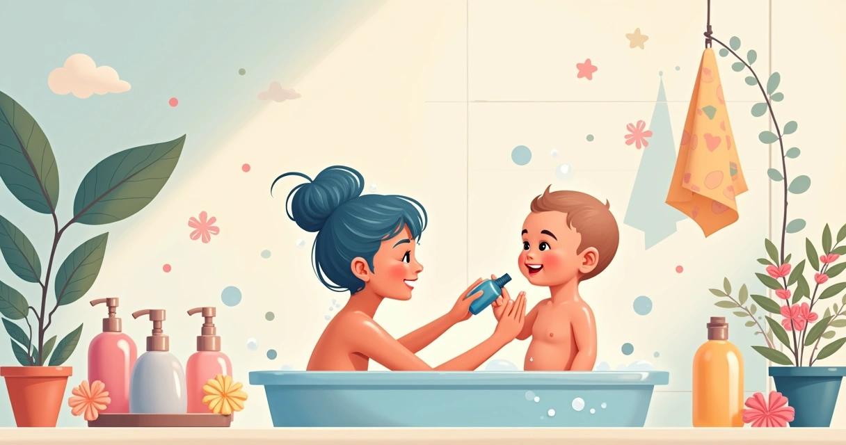 Ambiente de banho com mãe e bebê aplicando shampoo hipoalergênico, brinquedos e toalhas coloridas.