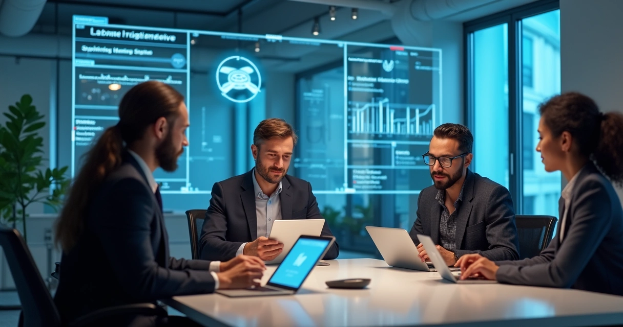 Equipe em escritório analisando documentos e dados digitais de conformidade trabalhista