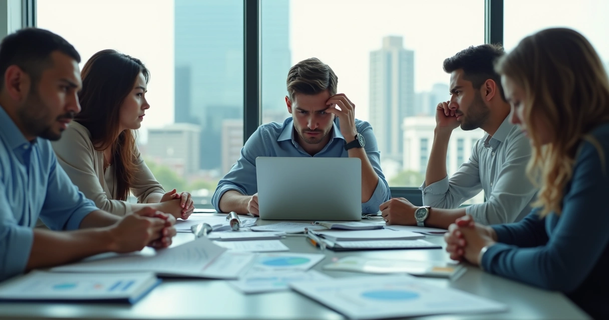 Reunião em empresa, pessoas com expressão de tensão.