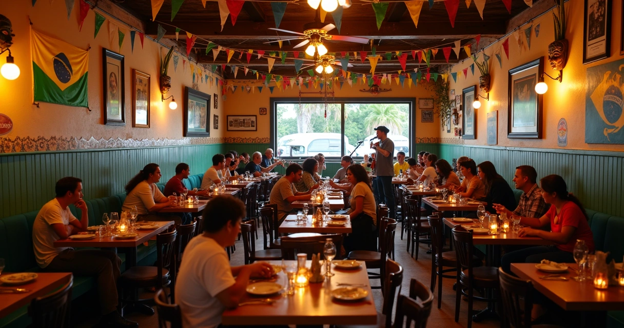 Restaurante brasileiro em Orlando decorado com bandeiras e mosaicos coloridos 