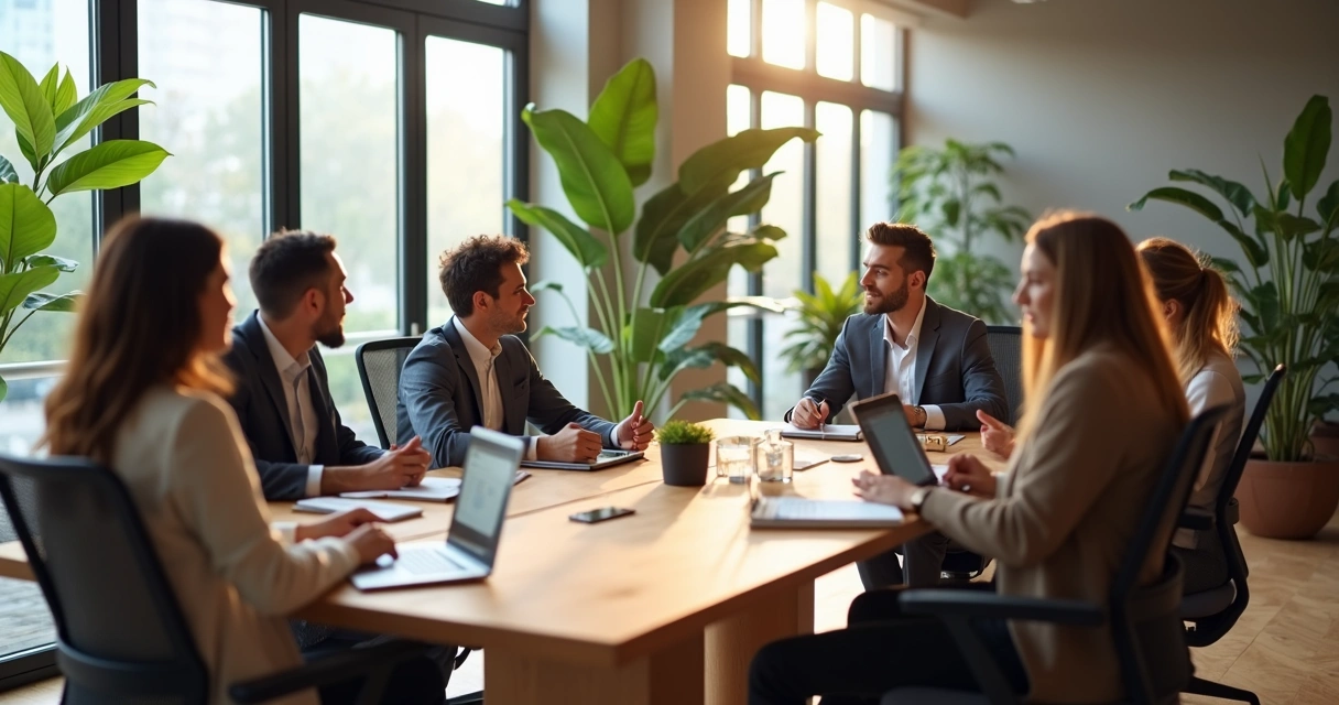 Equipe de trabalho em ambiente moderno com foco em colaboração e saúde mental 
