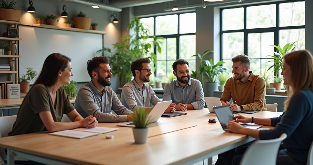Sala de escritório moderna com equipe diversa trabalhando em harmonia 