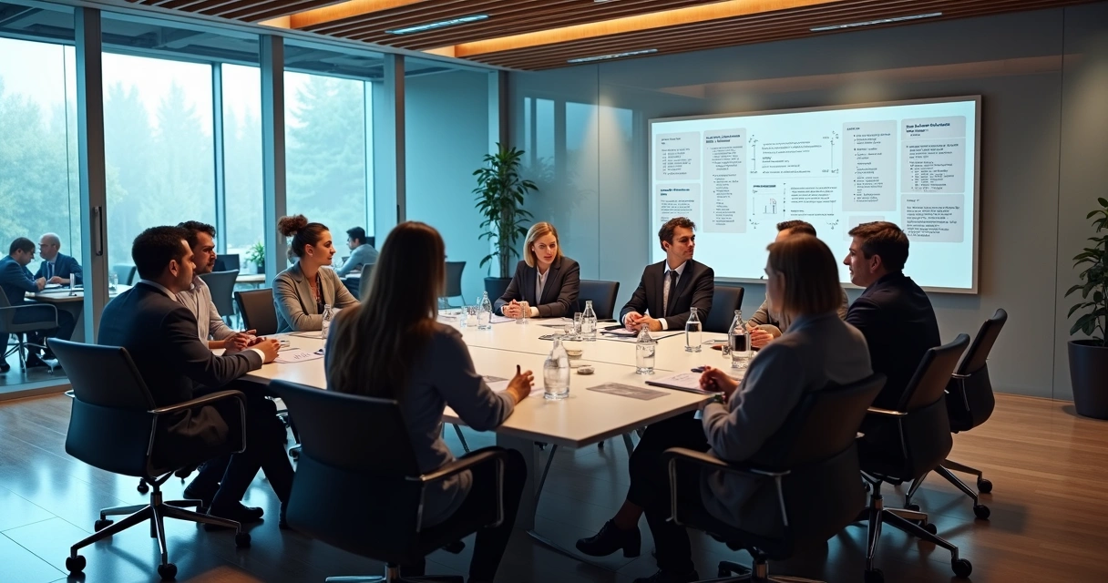 Sala de reunião com equipe empresarial reunida em torno de uma mesa, destacando colaboração