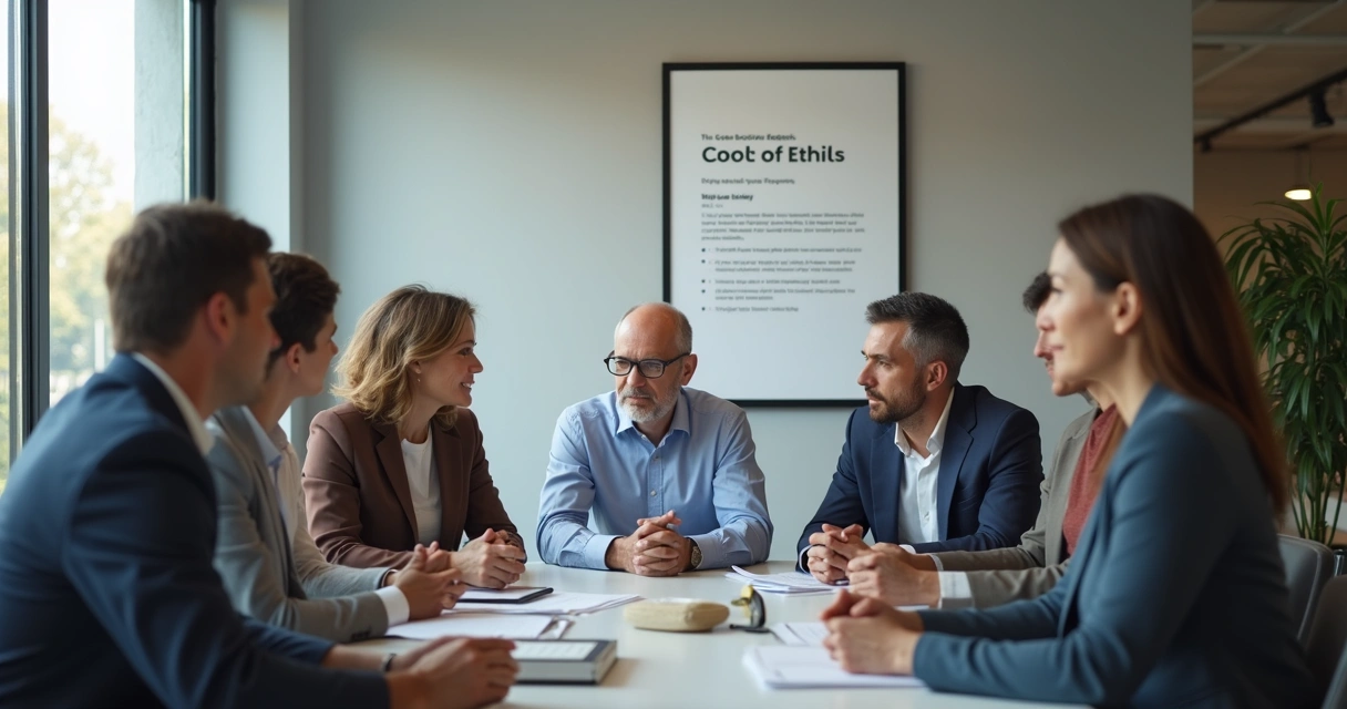 Colaboradores reunidos discutindo ética no trabalho 