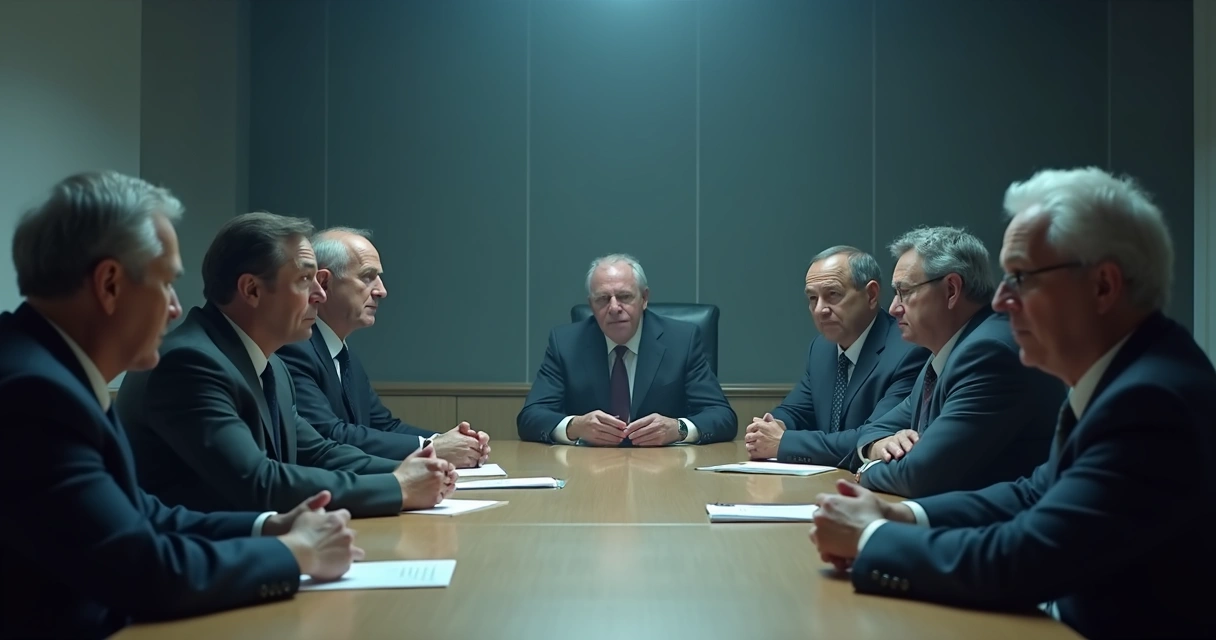 Profissionais de diferentes idades sentados em uma mesa de escritório, clima tenso e olhares desconfiados 