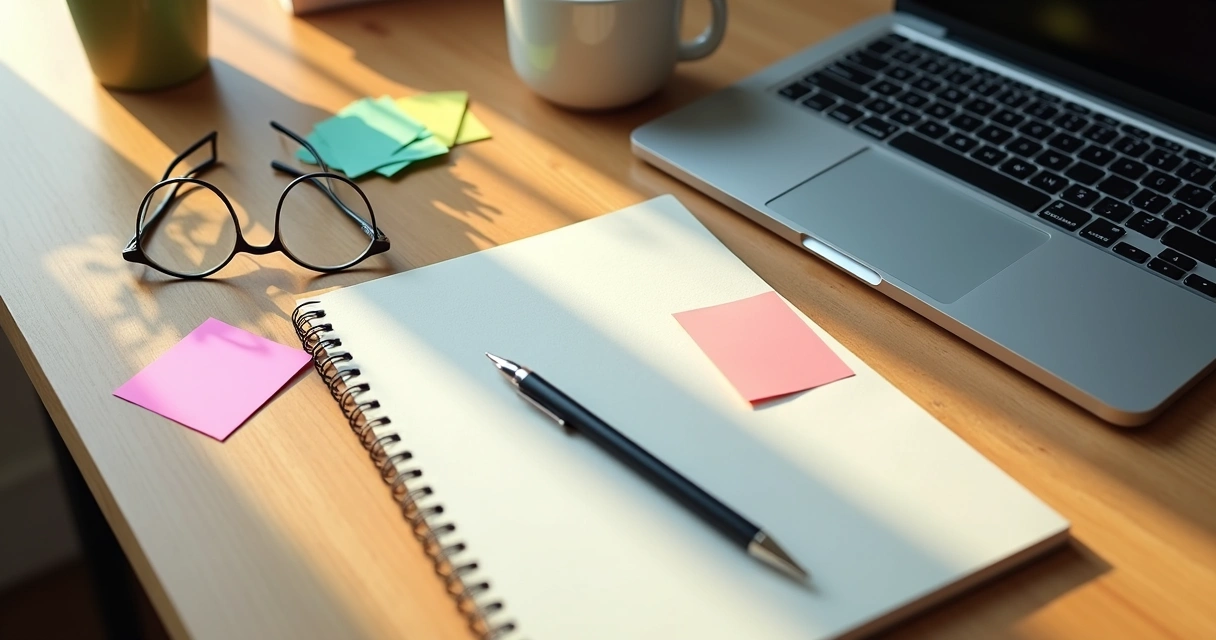 Ambiente de trabalho com objetos organizados, agenda, notebook e xícara de café. 