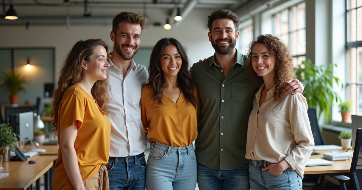 Equipe de trabalho unida em ambiente corporativo saudável 