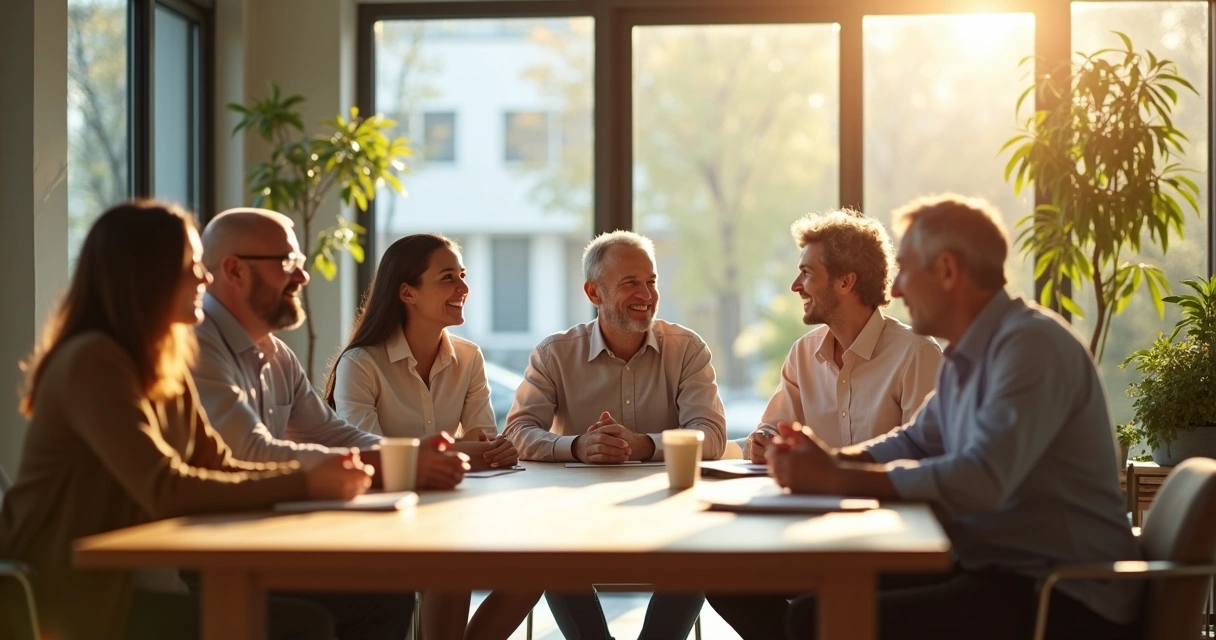 Ambiente de trabalho acolhedor com pessoas conversando e sorrindo 