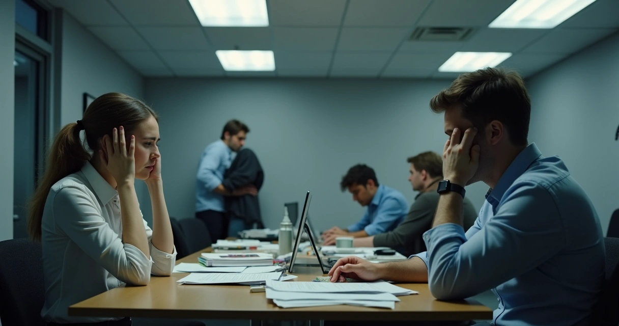 Pessoas em escritório com expressões de cansaço e tensão