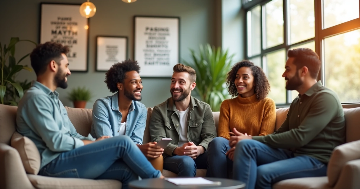 Equipe diversa sorrindo em espaço de convivência no trabalho