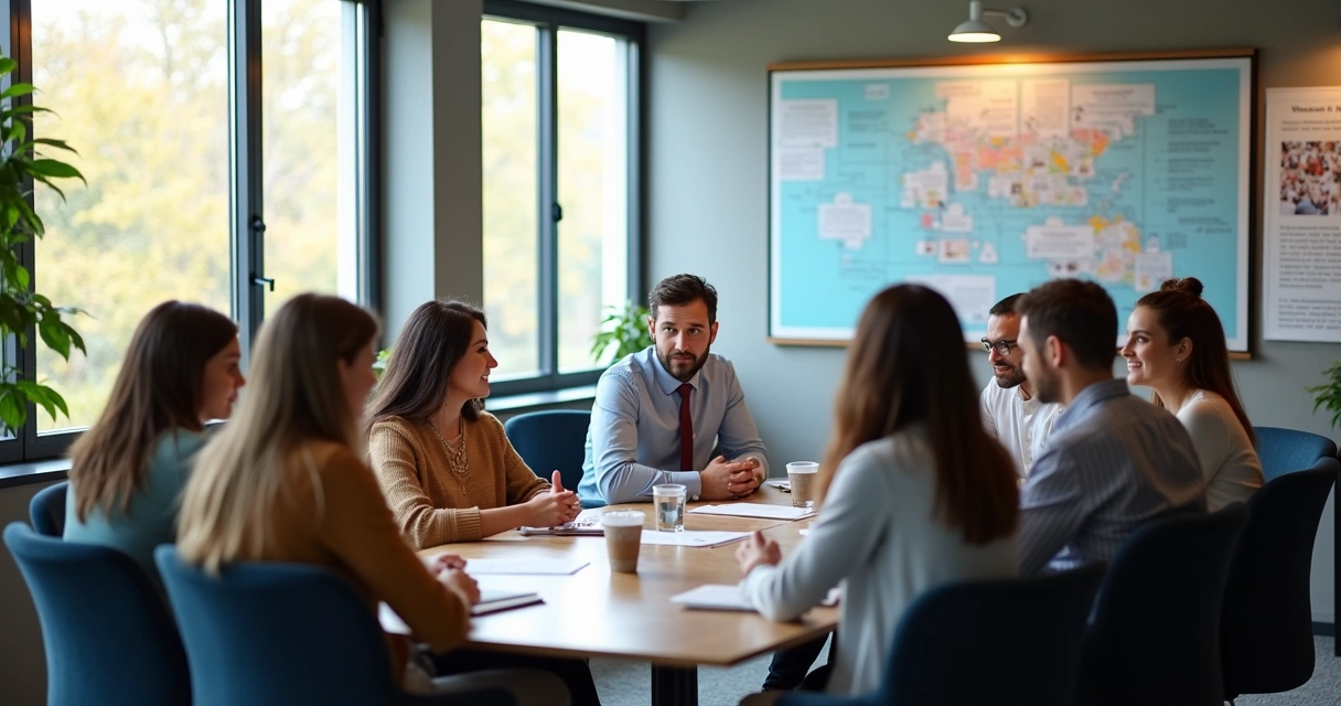 Equipe reunida em ambiente de trabalho saudável, discutindo estratégias de prevenção 