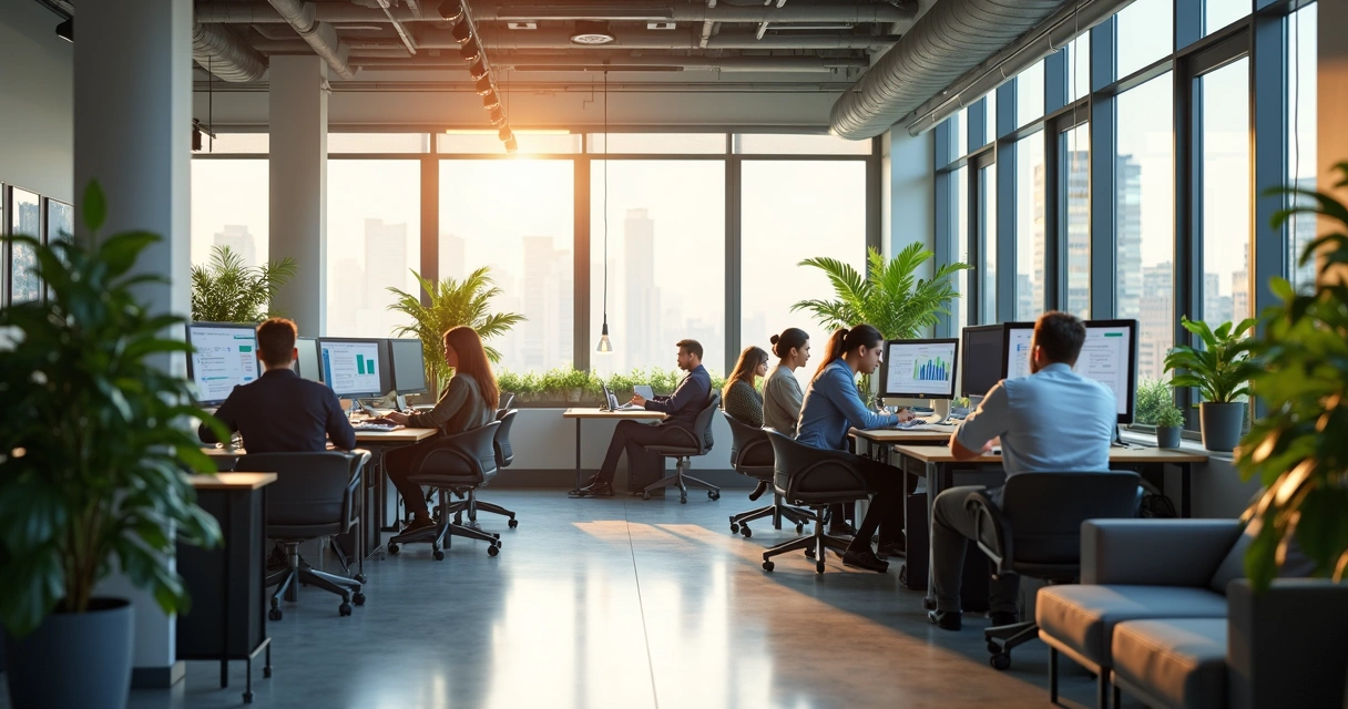 Ambiente de trabalho moderno com colaboradores em atividades, atmosfera tranquila e organizada, foco em saúde mental