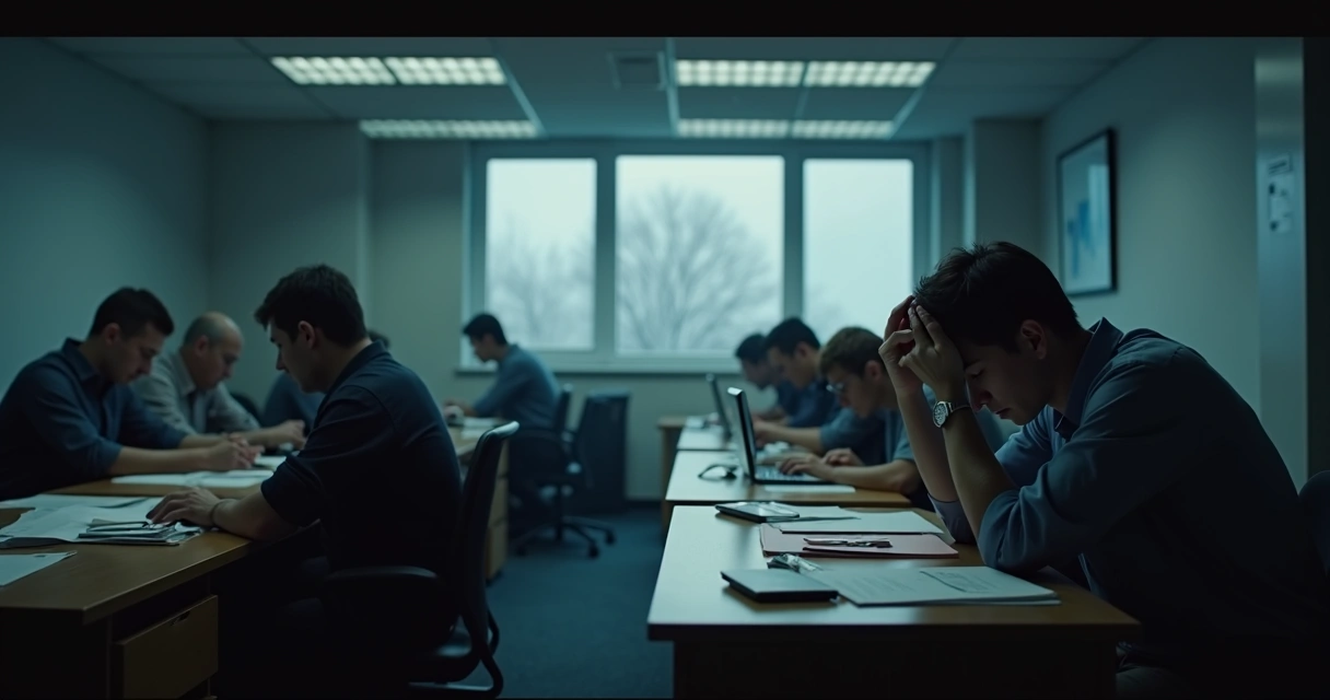 Pessoas trabalhando em um escritório, algumas cabisbaixas e afastadas nas mesas, clima pesado e pouca luz natural