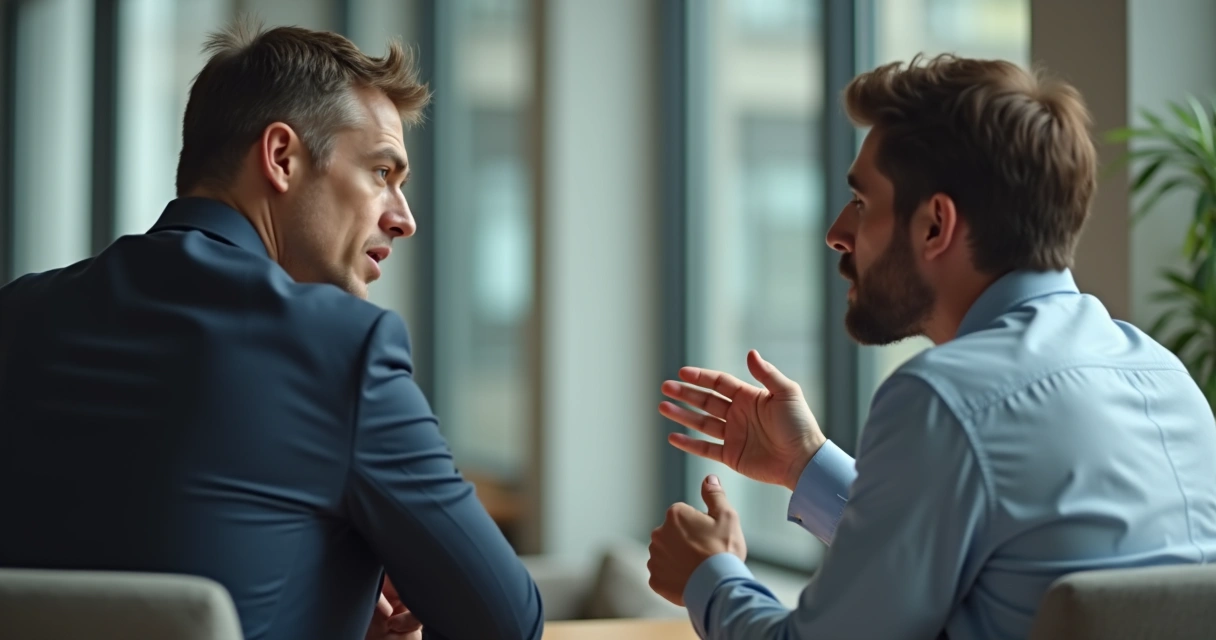 Duas pessoas conversando, uma delas de braços cruzados e olhar desconfiado