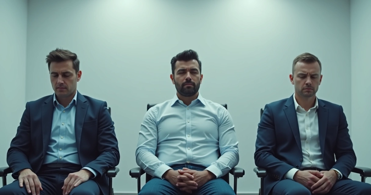 Três pessoas em uma sala claramente desconfortáveis, sentadas afastadas com expressões fechadas, sem contato visual. 