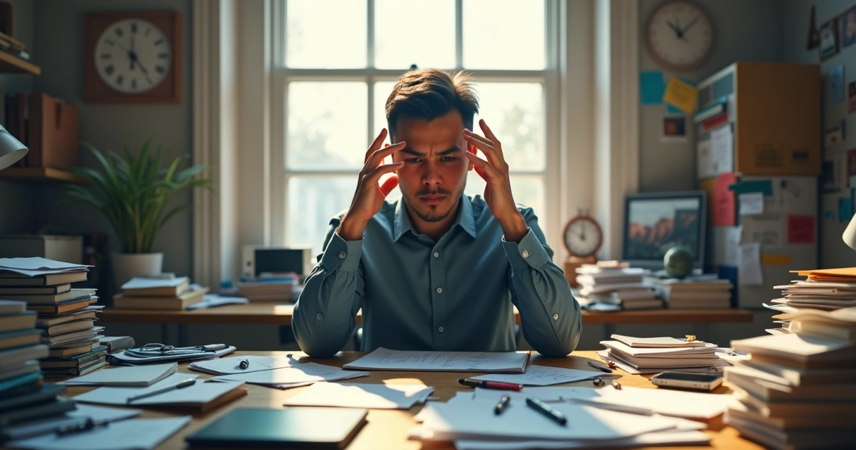 Pessoa sentada em uma mesa com papéis e objetos espalhados, aparentando confusão mental 